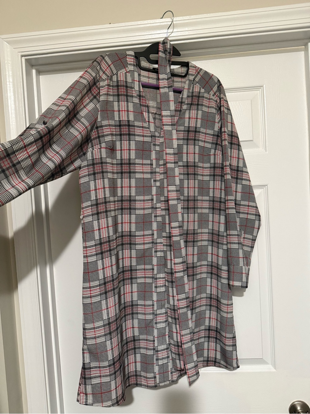 Plaid Dress with Waist Tie in Gray and Pink